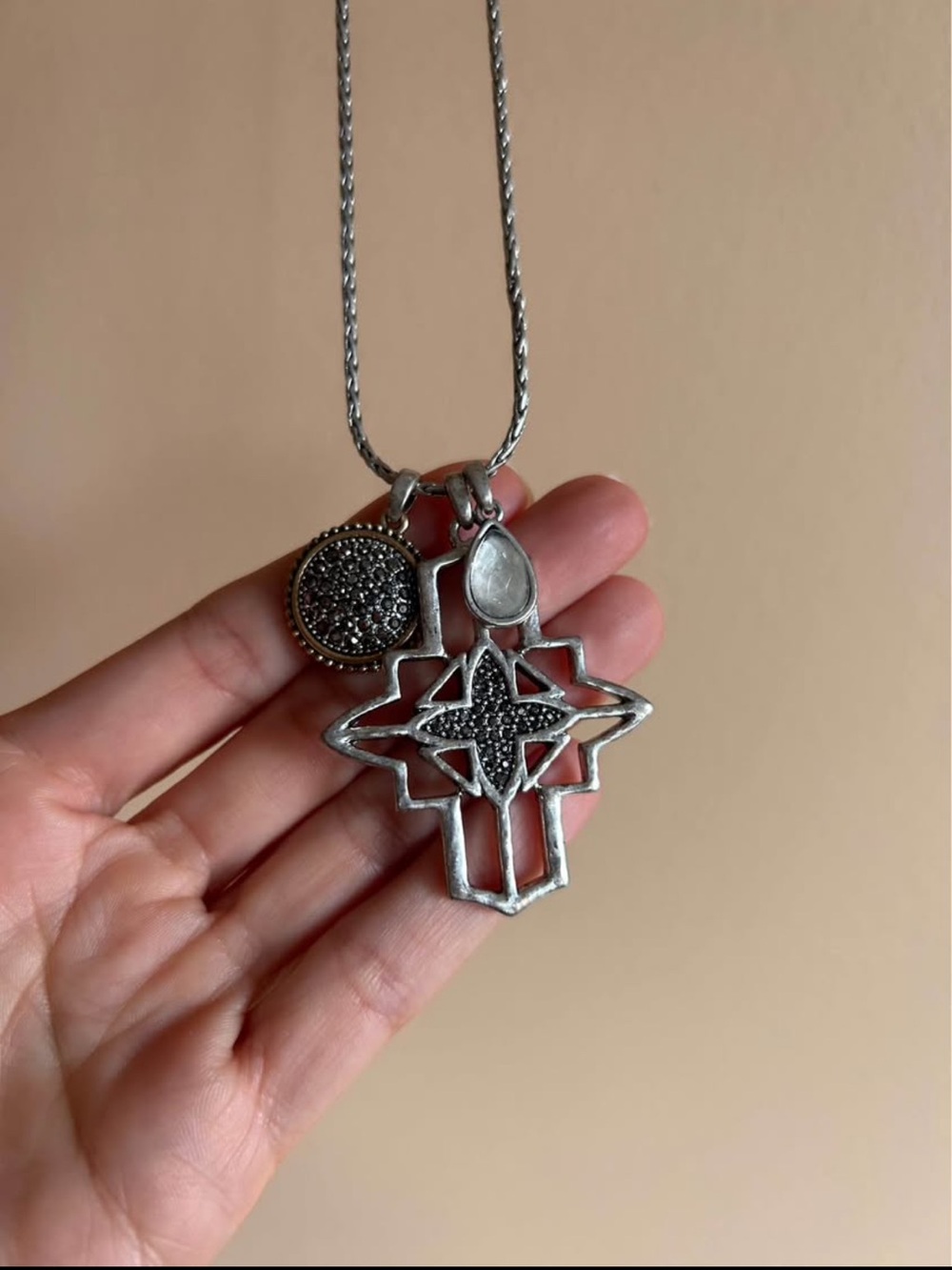 Silver-Tone Geometric Cross Pendant Necklace in Gunmetal